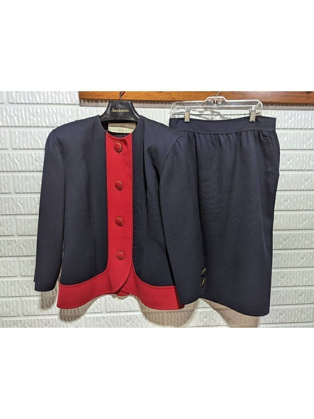 Carolyne Roehm Women's Red & Blue Wool Skirt Suit Size 10